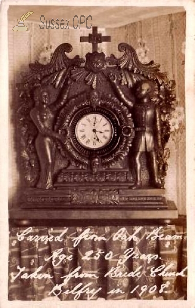 Brede - Clock carved from oak taken from Brede Church Belfry in 1908