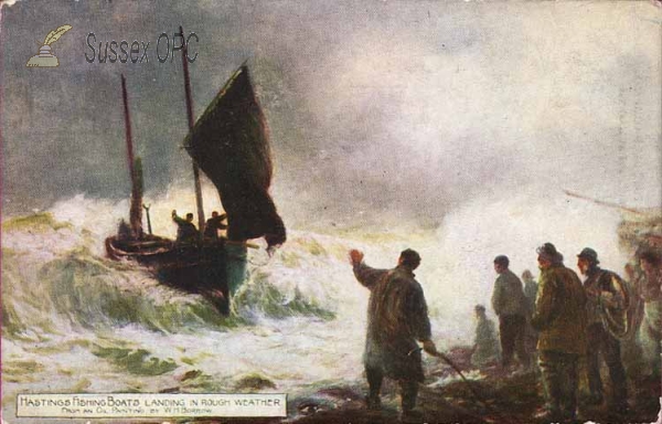 Image of Hastings - Boats landing in rough weather