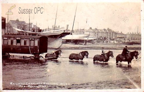Image of Shoreham Beach - Railway Carriage crossing the river to Bungalow Town