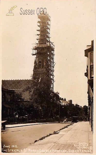 Image of Horsham - St Mark's Church (Steeple under repair, June 1915)